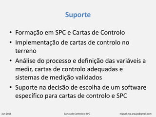 Jun-2016 Cartas de Controlo e SPC miguel.ma.araujo@gmail.com
Suporte
• Formação em SPC e Cartas de Controlo
• Implementação de cartas de controlo no
terreno
• Análise do processo e definição das variáveis a
medir, cartas de controlo adequadas e
sistemas de medição validados
• Suporte na decisão de escolha de um software
específico para cartas de controlo e SPC
 