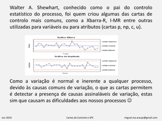 Jun-2016 Cartas de Controlo e SPC miguel.ma.araujo@gmail.com
Walter A. Shewhart, conhecido como o pai do controlo
estatístico do processo, foi quem criou algumas das cartas de
controlo mais comuns, como a Xbarra-R, I-MR entre outras
utilizadas para variáveis ou para atributos (cartas p, np, c, u).
Como a variação é normal e inerente a qualquer processo,
devido às causas comuns de variação, o que as cartas permitem
é detectar a presença de causas assinaláveis de variação, estas
sim que causam as dificuldades aos nossos processos 
 