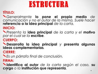 ESTRUCTURA
TÍTULO:
Generalmente lo pone el propio medio de
comunicación y no el autor de la misma. Suele hacer
referencia a la idea principal de la carta.
INICIO:
Presenta la idea principal de la carta y el motivo
por el cual se la escribe.
CUERPO:
Desarrolla la idea principal y presenta algunas
ideas complementarias.
CIERRE:
Es un párrafo final de conclusión.
FIRMA:
Identifica al autor de la carta según el caso, su
cargo o la institución que representa.
 