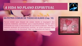 A VIDA NO PLANO ESPIRITUAL
NA PÁTRIA COMUM DE TODAS AS ALMAS (Cap. 16)
Faz-se mister que dispais da vossa mente a roupagem dos
enganos materiais, permitindo que a espiritualidade interior vibre
livremente em toda a intensidade da sua divina potência. Tendes o
intelecto atulhado de lembranças nocivas, as quais precisais alijar
para o reencontro da felicidade. Não vos demoreis em fazê-lo.
 