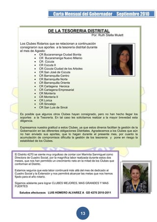 Página 13 de la 19             Carta Mensual del Gobernador Septiembre 2010


                           DE LA TESORERIA DISTRITAL
                                                             Por: Ruth Stella Mulett

     Los Clubes Rotarios que se relacionan a continuación
     consignaron sus aportes a la tesorería distrital durante
     el mes de Agosto:
                   CR Bucaramanga Ciudad Bonita
                   CR Bucaramanga Nuevo Milenio
                   CR Cúcuta
                   CR Cúcuta II
                   CR Cúcuta Ciudad de los Arboles
                   CR San José de Cúcuta
                   CR Barranquilla Centro
                   CR Barranquilla Norte
                   CR Barranquilla Oriente
                   CR Cartagena Heroica
                   CR Cartagena Empresarial
                   CR Montería
                   CR Montería II
                   CR Lorica
                   CR Sincelejo
                   CR San Luis de Sincé

     Es posible que algunos otros Clubes hayan consignado, pero no han hecho llegar los
     soportes a la Tesorería. En tal caso les solicitamos realizar a la mayor brevedad esta
     diligencia.

     Expresamos nuestra gratitud a estos Clubes, ya que estos dineros facilitan la gestión de la
     Gobernación en las diferentes obligaciones Distritales. Agradecemos a los Clubes que aún
     no han enviado sus aportes, que lo hagan durante el presente mes, por cuanto la
     acumulación de compromisos dificulta la gestión de los tesoreros y pone en riesgo la
     estabilidad de los Clubes.



 El Distrito 4270 se siente muy orgulloso de contar con Marinita Sanmiguel como
 Directora de Cuadro Social, por la magnífica labor realizada durante estos dos
 meses, que nos han permitido un crecimiento neto en la mitad de los Clubes que
 conforman el Distrito.

 Estamos seguros que esta labor continuará más allá del mes de dedicado al
 Cuadro Social y la Extensión y nos permitirá alcanzar las metas que nos hemos
 fijado para el año rotario.

 Sigamos adelante para lograr CLUBES MEJORES, MAS GRANDES Y MAS
 FUERTES

    Saludos afectuosos LUIS HOMERO ALVAREZ A GD 4270 2010-2011




                                                    13
 