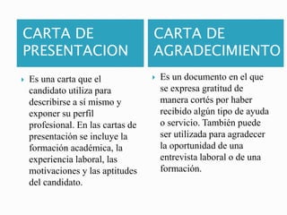 CARTA DE
PRESENTACION
CARTA DE
AGRADECIMIENTO
 Es una carta que el
candidato utiliza para
describirse a sí mismo y
exponer su perfil
profesional. En las cartas de
presentación se incluye la
formación académica, la
experiencia laboral, las
motivaciones y las aptitudes
del candidato.
 Es un documento en el que
se expresa gratitud de
manera cortés por haber
recibido algún tipo de ayuda
o servicio. También puede
ser utilizada para agradecer
la oportunidad de una
entrevista laboral o de una
formación.
 