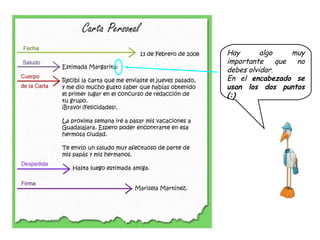 Hay       algo     muy
importante     que  no
debes olvidar.
En el encabezado se
usan los dos puntos
(:)
 