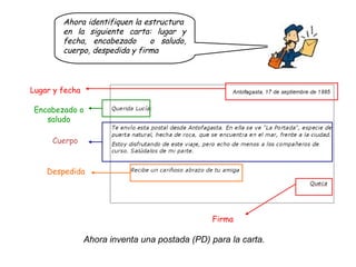 Ahora identifiquen la estructura
        en la siguiente carta: lugar y
        fecha, encabezado      o saludo,
        cuerpo, despedida y firma



Lugar y fecha

 Encabezado o
    saludo

     Cuerpo


    Despedida




                                               Firma

                Ahora inventa una postada (PD) para la carta.
 