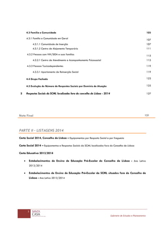 2
Gabinete de Estudos e Planeamento
4.3 Família e Comunidade 103
4.3.1 Família e Comunidade em Geral
107
4.3.1.1 Comunidade de Inserção 107
4.3.1.2 Centro de Alojamento Temporário 111
4.3.2 Pessoas com VIH/SIDA e suas famílias 115
4.3.2.1 Centro de Atendimento e Acompanhamento Psicossocial 115
4.3.3 Pessoas Toxicodependentes 119
4.3.3.1 Apartamento de Reinserção Social 119
4.4 Grupo Fechado 123
4.5 Evolução do Número de Respostas Sociais por Domínio de Atuação 125
5 Respostas Sociais da SCML localizadas fora do concelho de Lisboa - 2014 127
Nota Final 131
PARTE II – LISTAGENS 2014
Carta Social 2014, Concelho de Lisboa – Equipamentos por Resposta Social e por freguesia
Carta Social 2014 – Equipamentos e Respostas Sociais da SCML localizados fora do Concelho de Lisboa
Carta Educativa 2013/2014
• Estabelecimentos de Ensino de Educação Pré-Escolar do Concelho de Lisboa - Ano Letivo
2013/2014
• Estabelecimentos de Ensino de Educação Pré-Escolar da SCML situados fora do Concelho de
Lisboa - Ano Letivo 2013/2014
 