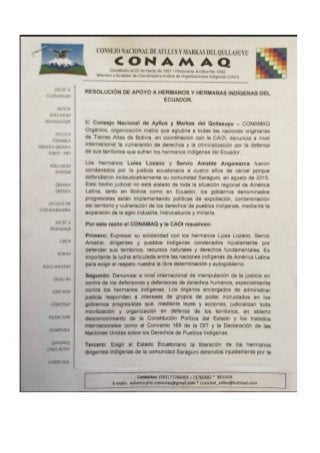 Carta solidaridad CONAMAQ con Pueblo Saraguro