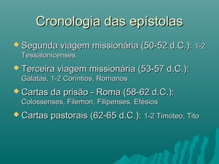  Segunda viagem missionária (50-52 d.C.):Segunda viagem missionária (50-52 d.C.): 1-21-2
TessalonicensesTessalonicenses
 Terceira viagem missionária (53-57 d.C.):Terceira viagem missionária (53-57 d.C.):
Gálatas, 1-2 Coríntios, RomanosGálatas, 1-2 Coríntios, Romanos
 Cartas da prisão - Roma (58-62 d.C.):Cartas da prisão - Roma (58-62 d.C.):
Colossenses, Filemon, Filipenses, EfésiosColossenses, Filemon, Filipenses, Efésios
 Cartas pastorais (62-65 d.C.):Cartas pastorais (62-65 d.C.): 1-2 Timóteo, Tito1-2 Timóteo, Tito
Cronologia das epístolasCronologia das epístolas
 