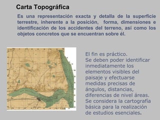 Carta Topográfica Es una representación exacta y detalla de la superficie terrestre, inherente a la posición,  forma, dimensiones e identificación de los accidentes del terreno, así como los objetos concretos que se encuentran sobre él.  El fin es práctico.  Se deben poder identificar inmediatamente los elementos visibles del paisaje y efectuarse medidas precisas de ángulos, distancias, diferencias de nivel áreas.  Se considera la cartografía básica para la realización de estudios esenciales .  