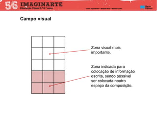 Campo visual
Zona visual mais
importante.
Zona indicada para
colocação de informação
escrita, sendo possível
ser colocada noutro
espaço da composição.
 