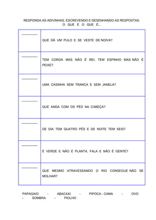 RESPONDA AS ADIVINHAS, ESCREVENDO E DESENHANDO AS RESPOSTAS.
O QUE É O QUE É...
_________
QUE DÁ UM PULO E SE VESTE DE NOIVA?

_________
TEM COROA MAS NÃO É REI, TEM ESPINHO MAS NÃO É
PEIXE?

_________
UMA CASINHA SEM TRANCA E SEM JANELA?

_________
QUE ANDA COM OS PÉS NA CABEÇA?

_________
DE DIA TEM QUATRO PÉS E DE NOITE TEM SEIS?

_________
É VERDE E NÃO É PLANTA, FALA E NÃO É GENTE?

_________
QUE MESMO ATRAVESSANDO O RIO CONSEGUE NÃO SE
MOLHAR?

PAPAGAIO
SOMBRA

ABACAXI
PIOLHO

-

PIPOCA - CAMA

-

OVO

 