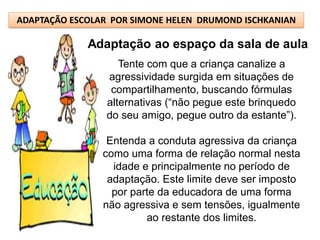 ADAPTAÇÃO ESCOLAR POR SIMONE HELEN DRUMOND ISCHKANIAN

             Adaptação ao espaço da sala de aula
                    Tente com que a criança canalize a
                 agressividade surgida em situações de
                  compartilhamento, buscando fórmulas
                 alternativas (“não pegue este brinquedo
                 do seu amigo, pegue outro da estante”).

                 Entenda a conduta agressiva da criança
                como uma forma de relação normal nesta
                  idade e principalmente no período de
                 adaptação. Este limite deve ser imposto
                  por parte da educadora de uma forma
                não agressiva e sem tensões, igualmente
                         ao restante dos limites.
 
