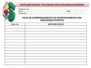 ADAPTAÇÃO ESCOLAR POR SIMONE HELEN DRUMOND ISCHKANIAN
            Professor (a): .....................................................................................................................
            Série: ....................................................................................... Data ........./.........../...........
            Conteúdo: ...........................................................................................................................

                   FICHA DE ACOMPANHAMENTO DO DESENVOLVIMENTO DAS
                                  HABILIDADES INFANTIS
Aluno (a)                                                           ADAPTAÇÃO ESCOLAR
 