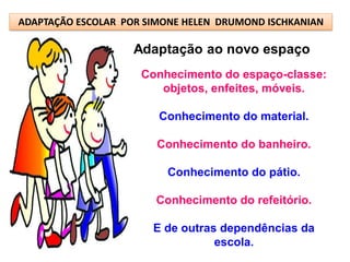 ADAPTAÇÃO ESCOLAR POR SIMONE HELEN DRUMOND ISCHKANIAN

                    Adaptação ao novo espaço
                     Conhecimento do espaço-classe:
                        objetos, enfeites, móveis.

                        Conhecimento do material.

                        Conhecimento do banheiro.

                         Conhecimento do pátio.

                       Conhecimento do refeitório.

                       E de outras dependências da
                                  escola.
 