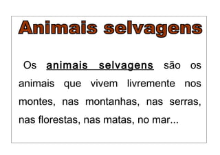 Os animais selvagens são os
animais que vivem livremente nos
montes, nas montanhas, nas serras,
nas florestas, nas matas, no mar...
 