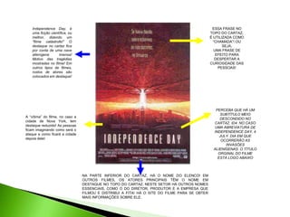 Independence Day, é
uma ficção científica, ou
melhor, dizendo um
“filme catástrofe!” O
destaque no cartaz fica
por conta d...