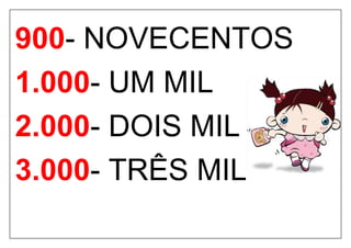 900- NOVECENTOS
1.000- UM MIL
2.000- DOIS MIL
3.000- TRÊS MIL