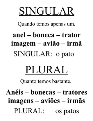 SINGULAR
Quando temos apenas um.
anel – boneca – trator
imagem – avião – irmã
SINGULAR: o pato
PLURAL
Quanto temos bastante.
Anéis – bonecas – tratores
imagens – aviões – irmãs
PLURAL: os patos
 