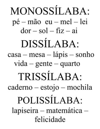 MONOSSÍLABA:
pé – mão eu – mel – lei
dor – sol – fiz – ai
DISSÍLABA:
casa – mesa – lápis – sonho
vida – gente – quarto
TRISSÍLABA:
caderno – estojo – mochila
POLISSÍLABA:
lapiseira – matemática –
felicidade
 