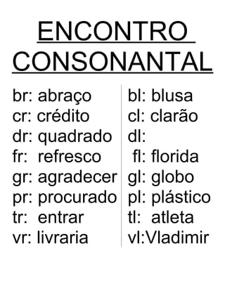 ENCONTRO
CONSONANTAL
br: abraço bl: blusa
cr: crédito cl: clarão
dr: quadrado dl:
fr: refresco fl: florida
gr: agradecer gl: globo
pr: procurado pl: plástico
tr: entrar tl: atleta
vr: livraria vl:Vladimir
 