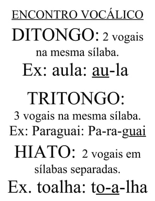 ENCONTRO VOCÁLICO
DITONGO: 2 vogais
na mesma sílaba.
Ex: aula: au-la
TRITONGO:
3 vogais na mesma sílaba.
Ex: Paraguai: Pa-ra-guai
HIATO: 2 vogais em
sílabas separadas.
Ex. toalha: to-a-lha
 