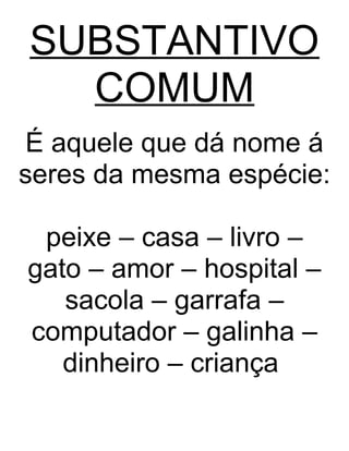 SUBSTANTIVO
COMUM
É aquele que dá nome á
seres da mesma espécie:
peixe – casa – livro –
gato – amor – hospital –
sacola – garrafa –
computador – galinha –
dinheiro – criança
 