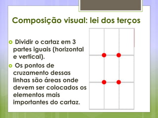 Composição visual: lei dos terços
 Dividir o cartaz em 3
partes iguais (horizontal
e vertical).
 Os pontos de
cruzamento dessas
linhas são áreas onde
devem ser colocados os
elementos mais
importantes do cartaz.
 
