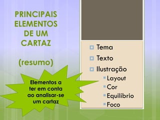 PRINCIPAIS
ELEMENTOS
DE UM
CARTAZ
(resumo)
 Tema
 Texto
 Ilustração
Layout
Cor
Equilíbrio
Foco
Elementos a
ter em conta
ao analisar-se
um cartaz
 