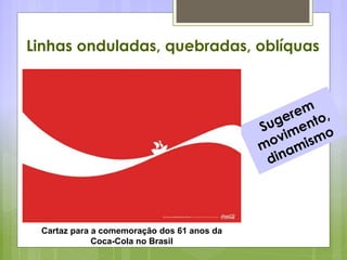 Linhas onduladas, quebradas, oblíquas
Cartaz para a comemoração dos 61 anos da
Coca-Cola no Brasil
 