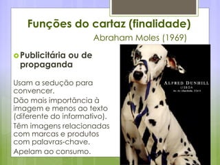 Funções do cartaz (finalidade)
Abraham Moles (1969)
Publicitária ou de
propaganda
Usam a sedução para
convencer.
Dão mais importância à
imagem e menos ao texto
(diferente do informativo).
Têm imagens relacionadas
com marcas e produtos
com palavras-chave.
Apelam ao consumo.
 