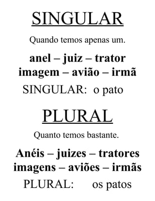 SINGULAR
Quando temos apenas um.
anel – juiz – trator
imagem – avião – irmã
SINGULAR: o pato
PLURAL
Quanto temos bastante.
Anéis – juizes – tratores
imagens – aviões – irmãs
PLURAL: os patos
 