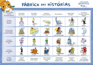Vou escolher
o início
da minha história
O herói
da minha
história…
O local onde
se vai passar
a minha história…
A minha
personagem
boa…
A minha
personagem
má…
O final
da minha
história…
Numa noite
de Natal…
E viveram
felizes
para sempre.
E assim
acabou
esta história.
Num dia
muito chuvoso…
Mas a história
não acabou
bem.
Na primavera…
E finalmente
esta história
chegou ao fim.
No tempo
em que os animais
falavam…
E nunca
mais ninguém
ouviu falar deles.
No tempo
das fadas…
Todos ficaram
muito felizes.
Há muitos,
muito anos…
princesa rei crocodilo dinossáurio cavaleiro mágico
montanha praia ilha casa assombrada castelo Lua
fada duende menina cão gigante borboleta
bruxa monstro feiticeiro ogre extraterrestre diabinho
9781111128548