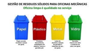 GESTÃO DE RESIDUOS SÓLIDOS PARA OFICINAS MECÂNICAS
Oficina limpa é qualidade no serviço
 