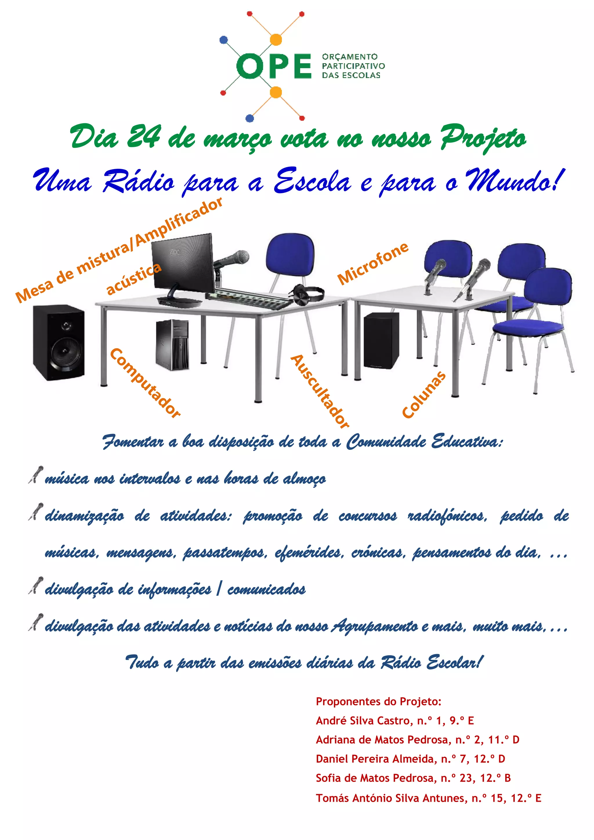 Dia 24 de março vota no nosso Projeto
Uma Rádio para a Escola e para o Mundo!
Fomentar a boa disposição de toda a Comunidade Educativa:
música nos intervalos e nas horas de almoço
dinamização de atividades: promoção de concursos radiofónicos, pedido de
músicas, mensagens, passatempos, efemérides, crónicas, pensamentos do dia, …
divulgação de informações / comunicados
divulgação das atividades e notícias do nosso Agrupamento e mais, muito mais,…
Tudo a partir das emissões diárias da Rádio Escolar!
Proponentes do Projeto:
André Silva Castro, n.º 1, 9.º E
Adriana de Matos Pedrosa, n.º 2, 11.º D
Daniel Pereira Almeida, n.º 7, 12.º D
Sofia de Matos Pedrosa, n.º 23, 12.º B
Tomás António Silva Antunes, n.º 15, 12.º E