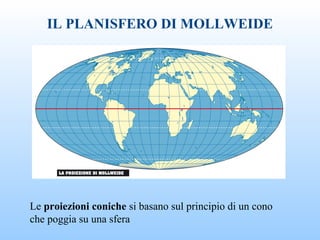 IL PLANISFERO DI MOLLWEIDE
Le proiezioni coniche si basano sul principio di un cono
che poggia su una sfera
 