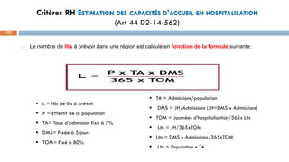 Critères RH ESTIMATION DES CAPACITÉS D’ACCUEIL EN HOSPITALISATION
(Art 44 D2-14-562)
102
 Le nombre de lits à prévoir dans une région est calculé en fonction de la formule suivante:
▪ TA = Admissions/population
▪ DMS = JH/Admissions (JH=DMS x Admissions)
▪ TOM = Journées d’hospitalisation/365x Lits
▪ Lits = JH/365xTOM
▪ Lits = DMS x Admissions/365xTOM
▪ Lits = Population x TA
▪ L = Nb de lits à prévoir
▪ P = Effectif de la population
▪ TA= Taux d’admission fixé à 7%
▪ DMS= Fixée à 5 jours
▪ TOM= Fixé à 80%
 