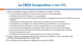 La CROS Composition (>ou=13)
111
 Outre son président, chaque commission comprend les membres suivants
✓ les gouverneurs des préfectures et provinces de la région ou leurs représentants;
✓ le président du conseil de la région ou son représentant;
✓ un représentant de l’autorité gouvernementale chargée de l’aménagement du territoire national au niveau de
la région;
✓ le Président du conseil régional de l’ordre national des médecins ou son représentant;
✓ le Président du conseil Régional de l’Ordre des Pharmaciens d’officines ou son représentant;
✓ le Président du conseil régional de l’ordre des médecins dentistes ou son représentant;
✓ le directeur du Centre Hospitalier interrégional, dont le siège se trouve au niveau de la région;
✓ deux représentants de l’administration centrale du Ministère de la santé désignés par le Ministre;
✓ le directeur régional de la santé;
✓ les délégués du ministère de la santé aux préfectures et provinces de la région.
 Chaque commission régionale peut inviter à assister à ses réunions, à titre consultatif, toute
personne dont la participation est jugée utile.
 Le secrétariat de la commission régionale est assuré par la DRS.
 