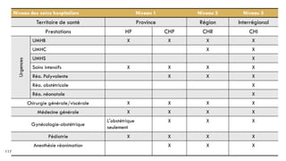 117
Niveau des soins hospitaliers Niveau 1 Niveau 2 Niveau 3
Territoire de santé Province Région Interrégional
Prestations HP CHP CHR CHI
Urgences
UMHB X X X X
UMHC X X
UMHS X
Soins intensifs X X X X
Réa. Polyvalente X X X
Réa. obstétricale X
Réa. néonatale X
Chirurgie générale/viscérale X X X X
Médecine générale X X X X
Gynécologie-obstétrique
L'obstétrique
seulement
X X X
Pédiatrie X X X X
Anesthésie réanimation X X X
 