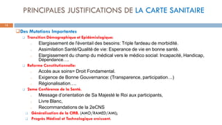 PRINCIPALES JUSTIFICATIONS DE LA CARTE SANITAIRE
12
Des Mutations Importantes
 Transition Démographique et Epidémiologique:
o Elargissement de l'éventail des besoins: Triple fardeau de morbidité.
o Assimilation Santé/Qualité de vie: Esperance de vie en bonne santé.
o Elargissement du champ du médical vers le médico social: Incapacité, Handicap,
Dépendance….
 Reforme Constitutionnelle:
o Accès aux soins= Droit Fondamental.
o Exigence de Bonne Gouvernance: (Transparence, participation…)
o Régionalisation….
 2eme Conférence de la Santé.
o Message d’orientation de Sa Majesté le Roi aux participants,
o Livre Blanc,
o Recommandations de la 2eCNS
 Généralisation de la CMB. (AMO/RAMED/AMI);
 Progrès Médical et Technologique croissant.
 