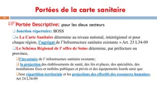 Portées de la carte sanitaire
20
☞Portée Descriptive: pour les deux secteurs
 fonction répertoire: BOSS
« La Carte Sanitaire détermine au niveau national, interrégional et pour
chaque région, l’agrégat de l’Infrastructure sanitaire existante » Art. 23 L34-09
Le Schéma Régional de l’ offre de Soins détermine, par préfecture ou
province,
l’inventaire de l’ infrastructure sanitaire existante;
 la projection des établissements de santé, des lits et places, des spécialités, des
installations fixes et mobiles publiques et privés et des équipements lourds ainsi que
leur répartition territoriale et les projections des effectifs des ressources humaines.
Art 24 L34-09
 