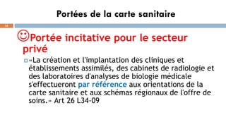 Portées de la carte sanitaire
22
☺Portée incitative pour le secteur
privé
«La création et l'implantation des cliniques et
établissements assimilés, des cabinets de radiologie et
des laboratoires d'analyses de biologie médicale
s'effectueront par référence aux orientations de la
carte sanitaire et aux schémas régionaux de l'offre de
soins.» Art 26 L34-09
 