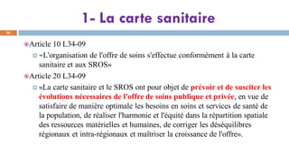 1- La carte sanitaire
26
Article 10 L34-09
 «L'organisation de l'offre de soins s'effectue conformément à la carte
sanitaire et aux SROS»
Article 20 L34-09
 «La carte sanitaire et le SROS ont pour objet de prévoir et de susciter les
évolutions nécessaires de l'offre de soins publique et privée, en vue de
satisfaire de manière optimale les besoins en soins et services de santé de
la population, de réaliser l'harmonie et l'équité dans la répartition spatiale
des ressources matérielles et humaines, de corriger les déséquilibres
régionaux et intra-régionaux et maîtriser la croissance de l'offre».
 
