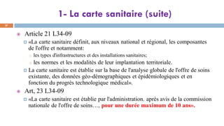 1- La carte sanitaire (suite)
27
 Article 21 L34-09
 «La carte sanitaire définit, aux niveaux national et régional, les composantes
de l'offre et notamment:
o les types d'infrastructures et des installations sanitaires;
o les normes et les modalités de leur implantation territoriale.
 La carte sanitaire est établie sur la base de l'analyse globale de l'offre de soins
existante, des données géo-démographiques et épidémiologiques et en
fonction du progrès technologique médical».
 Art, 23 L34-09
 «La carte sanitaire est établie par l'administration. après avis de la commission
nationale de l'offre de soins…, pour une durée maximum de 10 ans».
 