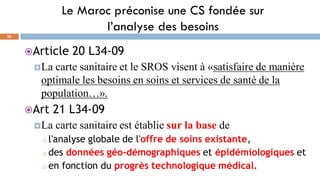 Le Maroc préconise une CS fondée sur
l’analyse des besoins
56
Article 20 L34-09
La carte sanitaire et le SROS visent à «satisfaire de manière
optimale les besoins en soins et services de santé de la
population…».
Art 21 L34-09
La carte sanitaire est établie sur la base de
o l'analyse globale de l'offre de soins existante,
o des données géo-démographiques et épidémiologiques et
o en fonction du progrès technologique médical.
 