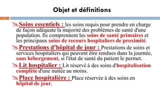 Objet et définitions
6
Soins essentiels : les soins requis pour prendre en charge
de façon adéquate la majorité des problèmes de santé d'une
population. Ils comprennent les soins de santé primaires et
les principaux soins de recours hospitaliers de proximité.
Prestations d'hôpital de jour : Prestations de soins et
services hospitaliers qui peuvent être rendues dans la journée,
sans hébergement, si l'état de santé du patient le permet.
Lit hospitalier : Lit réservé à des soins d'hospitalisation
complète d'une nuitée au moins.
Place hospitalière : Place réservée à des soins en
hôpital de jour.
 