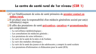 Le centre de santé rural de 1er niveau (CSR 1)
63
C’est l'établissement de soins de santé primaires de premier contact en
milieu rural.
Il est placé sous la responsabilité d'un médecin généraliste assisté par un(e)
infirmier(e) major.
Il offre des prestations de santé préventives, curatives et promotionnelles
qui comprennent:
o La surveillance épidémiologique ;
o Les consultations de médecine générale ;
o Les prestations de soins infirmiers ;
o Le suivi de la santé de la mère et de l'enfant;
o Le suivi des maladies chroniques ;
o Le suivi de la santé des jeunes et des adolescents y compris la santé scolaire
o Les prestations d'information et d'éducation pour la santé (IES).
 