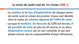 Le centre de santé rural de 1er niveau (CSR 1)
64
 La création et le lieu d'implantation de chaque centre
de santé rural et urbain de premier niveau sont décidés
dans le cadre du schéma régional de l'offre de soins.
 Lorsque le territoire de desserte du CSR1est étendu, il
est possible de créer en plus du dit centre, un ou deux
dispensaires ruraux qui lui sont rattachés et qui sont
placés chacun sous la responsabilité d'un(e) infirmier(e).
 