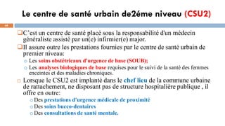 Le centre de santé urbain de2éme niveau (CSU2)
68
C’est un centre de santé placé sous la responsabilité d'un médecin
généraliste assisté par un(e) infirmier(e) major.
Il assure outre les prestations fournies par le centre de santé urbain de
premier niveau:
o Les soins obstétricaux d'urgence de base (SOUB);
o Les analyses biologiques de base requises pour le suivi de la santé des femmes
enceintes et des maladies chroniques.
 Lorsque le CSU2 est implanté dans le chef lieu de la commune urbaine
de rattachement, ne disposant pas de structure hospitalière publique , il
offre en outre:
oDes prestations d'urgence médicale de proximité
oDes soins bucco-dentaires
oDes consultations de santé mentale.
 