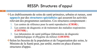 RESSP: Structures d’appui
69
❖Les établissements de soins de santé primaires, urbains et ruraux, sont
appuyés par des structures spécialisées qui assurent les activités
relevant des programmes sanitaires. Ces structures comprennent :
1. Les centres de référence pour la santé reproductive (CRSR) ;
2. Les centres de diagnostic et de traitement des maladies respiratoires
(CDTMR) ;
3. Les laboratoires de santé publique (laboratoires de diagnostic
épidémiologique et d'hygiène du milieu) (LDEHM)
❖Selon les besoins de la population et de l'organisation des soins, le
Ministre de la Santé peut, par arrêté, mettre en place d'autres
structures d'appui.
 