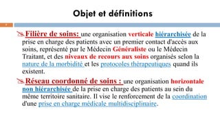 Objet et définitions
7
Filière de soins: une organisation verticale hiérarchisée de la
prise en charge des patients avec un premier contact d'accès aux
soins, représenté par le Médecin Généraliste ou le Médecin
Traitant, et des niveaux de recours aux soins organisés selon la
nature de la morbidité et les protocoles thérapeutiques quand ils
existent.
Réseau coordonné de soins : une organisation horizontale
non hiérarchisée de la prise en charge des patients au sein du
même territoire sanitaire. Il vise le renforcement de la coordination
d'une prise en charge médicale multidisciplinaire.
 