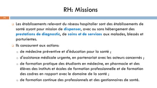 RH: Missions
73
 Les établissements relevant du réseau hospitalier sont des établissements de
santé ayant pour mission de dispenser, avec ou sans hébergement des
prestations de diagnostic, de soins et de services aux malades, blessés et
parturientes.
 Ils concourent aux actions:
o de médecine préventive et d'éducation pour la santé ;
o d'assistance médicale urgente, en partenariat avec les acteurs concernés ;
o de formation pratique des étudiants en médecine, en pharmacie et des
élèves des instituts et écoles de formation professionnelle et de formation
des cadres en rapport avec le domaine de la santé ;
o de formation continue des professionnels et des gestionnaires de santé.
 